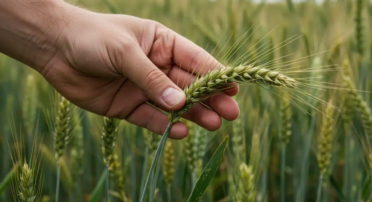 Farmer inspecting a healthy wheat stalk, indicating agricultural resilience and crop health.