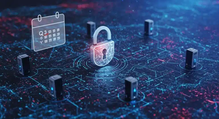 Digital lock icon over network representing federal cybersecurity mandates and data protection for businesses.