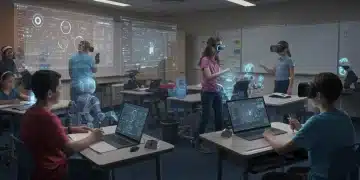 Futuristic U.S. classroom with AI, VR, and holographic learning tools.