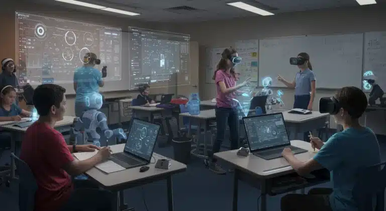 Futuristic U.S. classroom with AI, VR, and holographic learning tools.