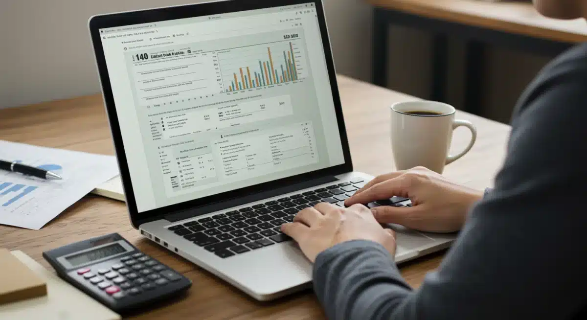 Investor reviewing financial data and tax implications on a laptop