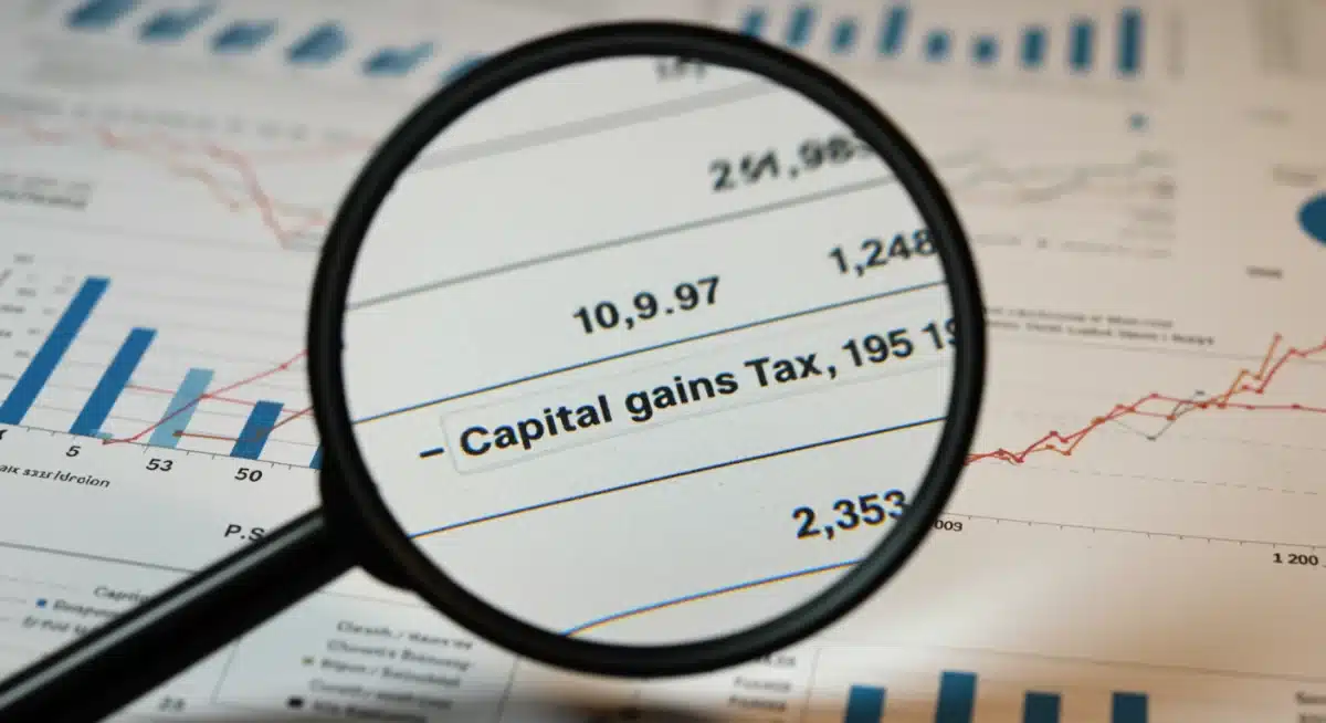 Magnifying glass examining capital gains figures on a tax document