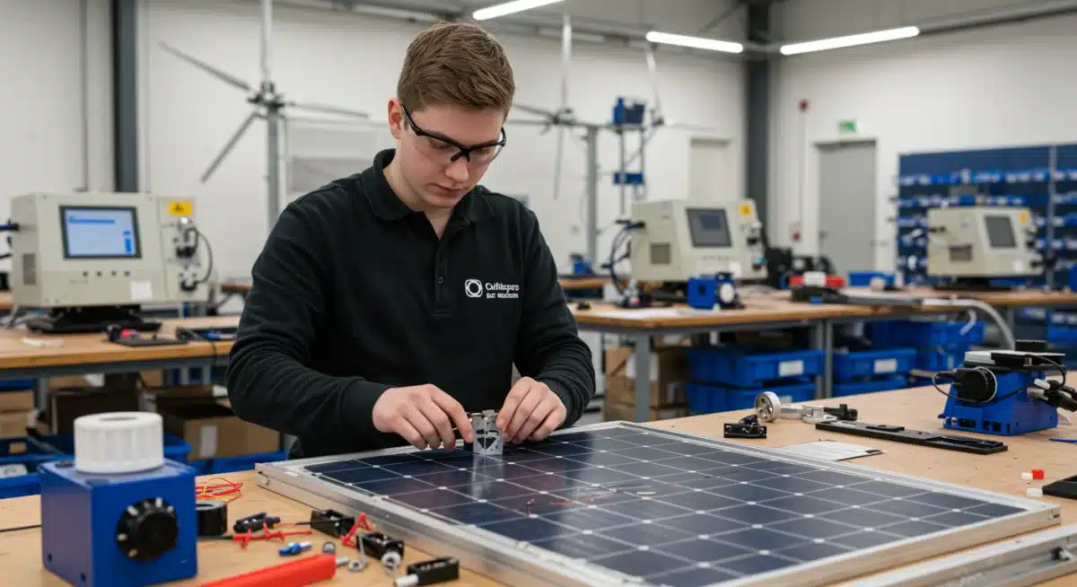 Student building a solar panel in a renewable energy vocational program.