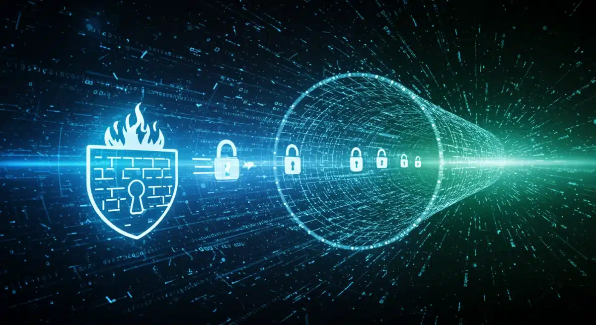 Encrypted data packets flowing securely through a digital tunnel with a firewall.