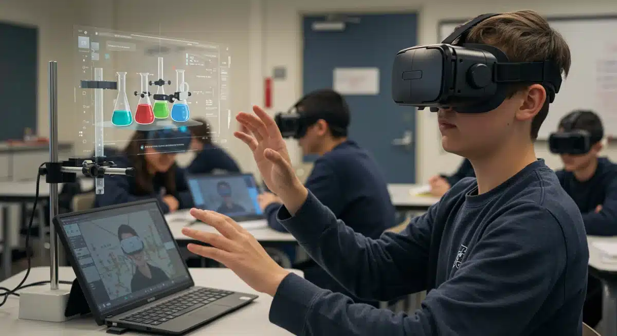 Student immersed in VR science lab, interacting with virtual elements.