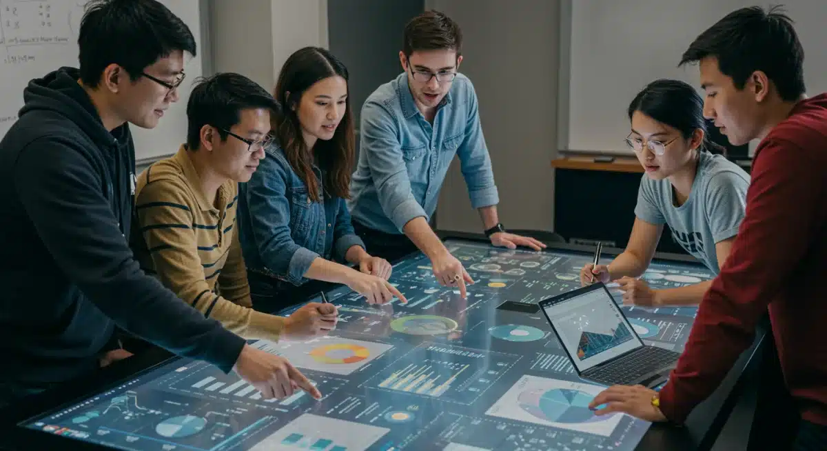 Students collaborating with interactive data visualization table and AI insights.
