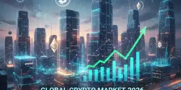 Futuristic cityscape with crypto charts and blockchain connections, representing 2026 crypto investment outlook.