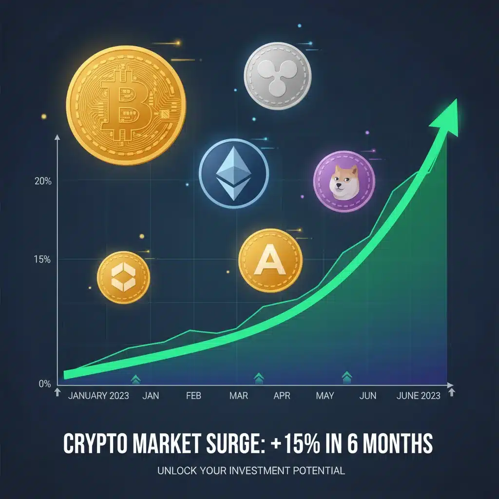 Cryptocurrency market chart showing 15% growth over six months, highlighting potential investment gains.