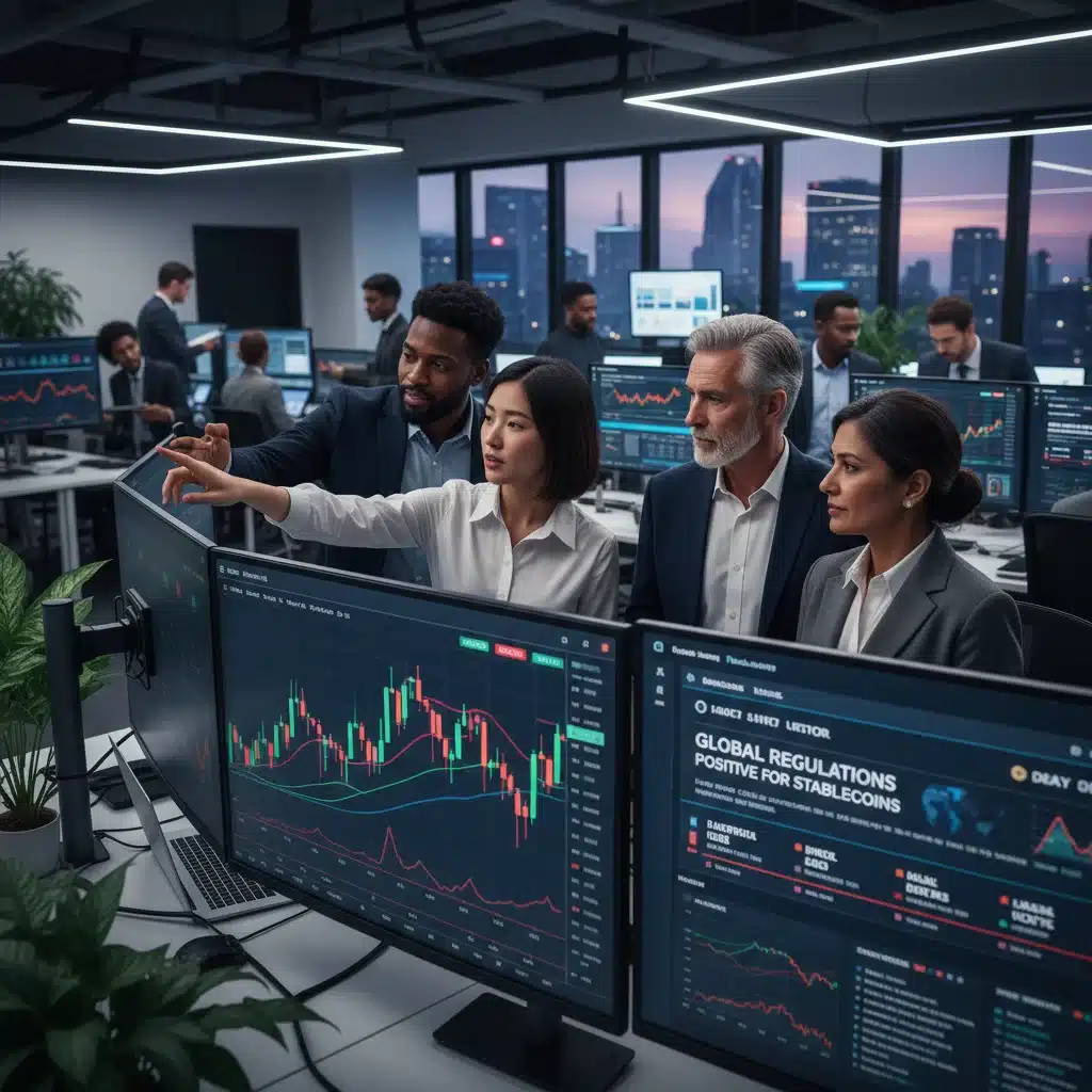 Diverse investors analyzing cryptocurrency data on multiple screens, representing informed crypto investment strategies.