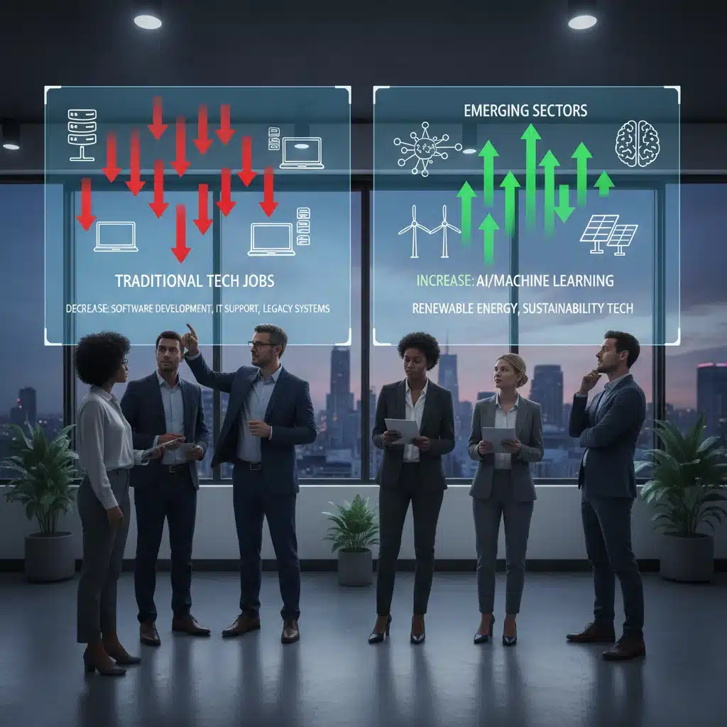 Economic indicators shifting, representing job market changes and opportunities in new tech sectors.