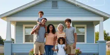 Family smiling in front of a house, representing housing assistance and stability in 2026.