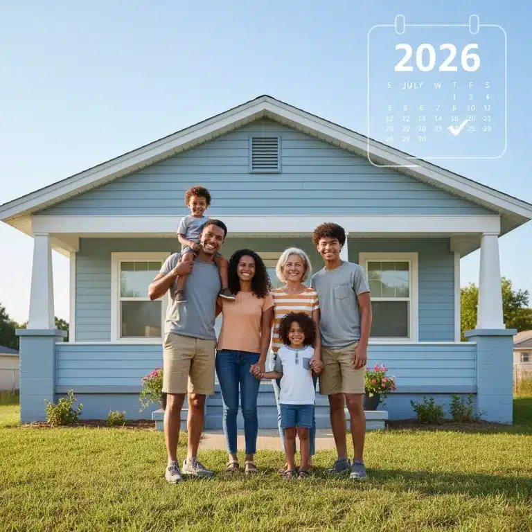 Family smiling in front of a house, representing housing assistance and stability in 2026.