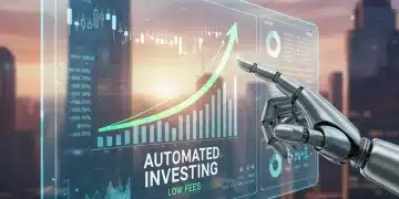 Futuristic financial interface showing investment growth with a robotic hand, representing robo-advisors and low fees in 2026.
