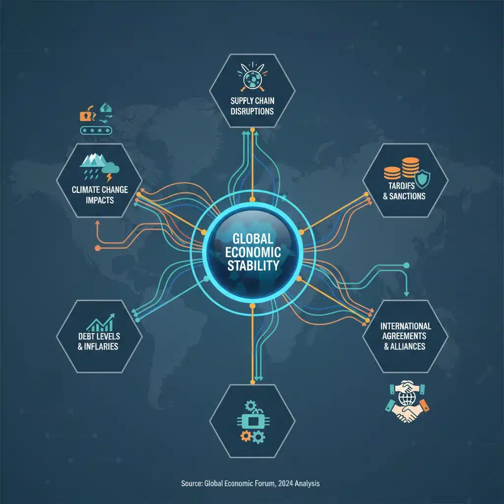 Infographic detailing geopolitical factors influencing global economic shifts and trade dynamics.