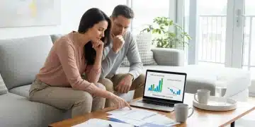 Couple reviewing HELOC documents in a modern living room
