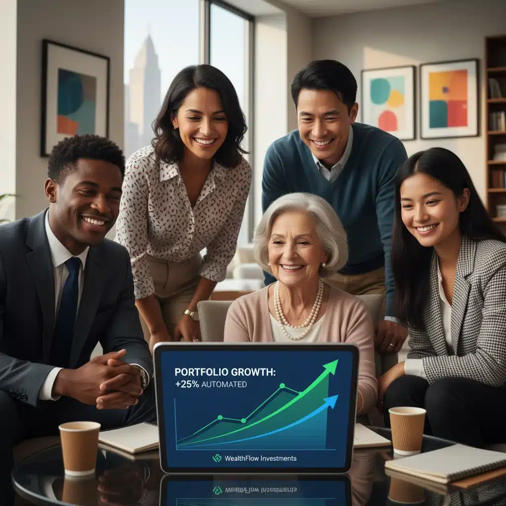 Diverse investors confidently viewing investment growth on a tablet, symbolizing successful automated financial planning with robo-advisors.