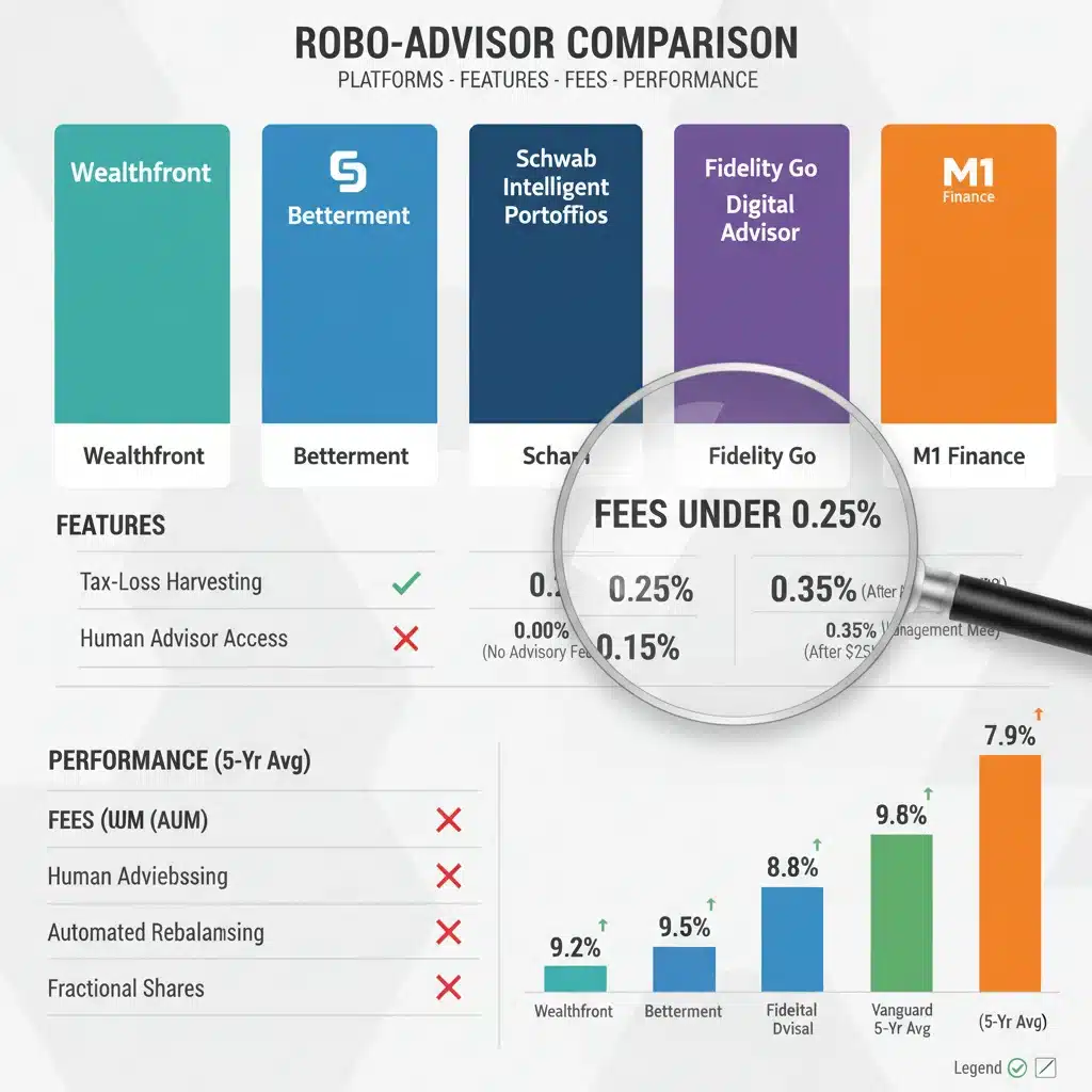 Infographic comparing robo-advisor features and fees, emphasizing platforms with costs under 0.25% for 2026 investments.