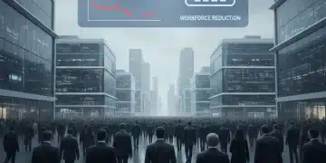 Tech company employees leaving a modern office building, symbolizing 15% workforce reduction in 2026, with economic data overlays.