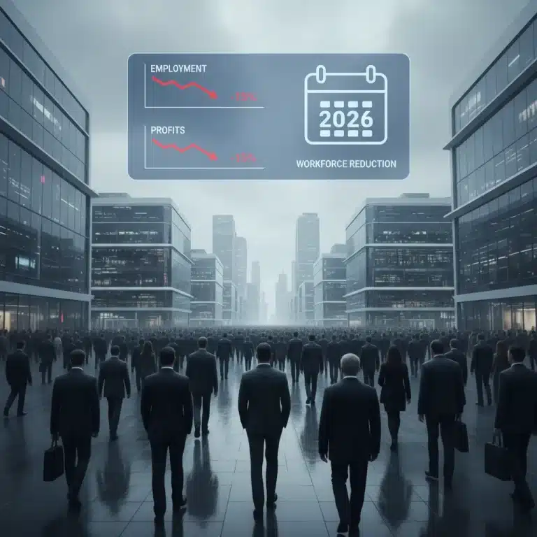 Tech company employees leaving a modern office building, symbolizing 15% workforce reduction in 2026, with economic data overlays.