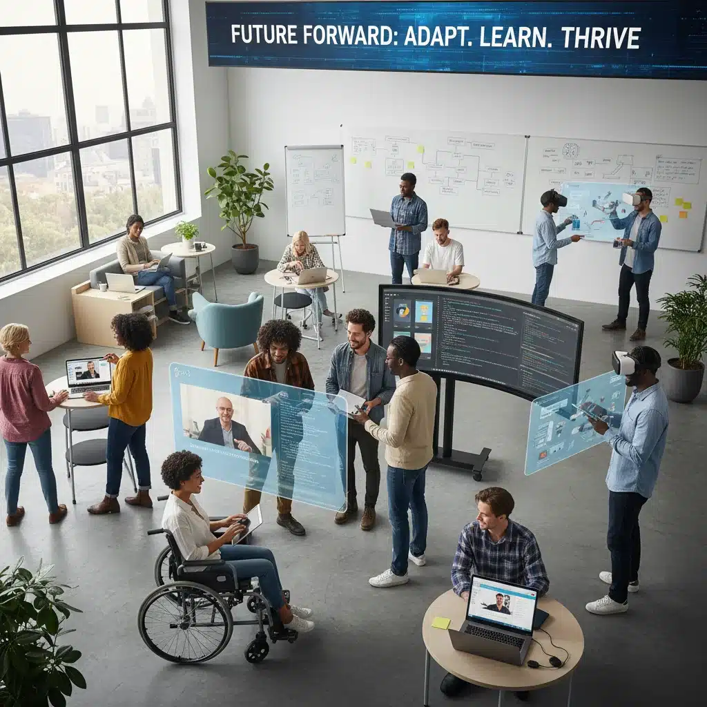 Professionals participating in upskilling and reskilling programs, learning new technologies and adapting to labor market demands.