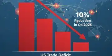 Chart illustrating the 10% reduction in US trade deficit in Q4 2025, with global economic indicators and geopolitical influences.