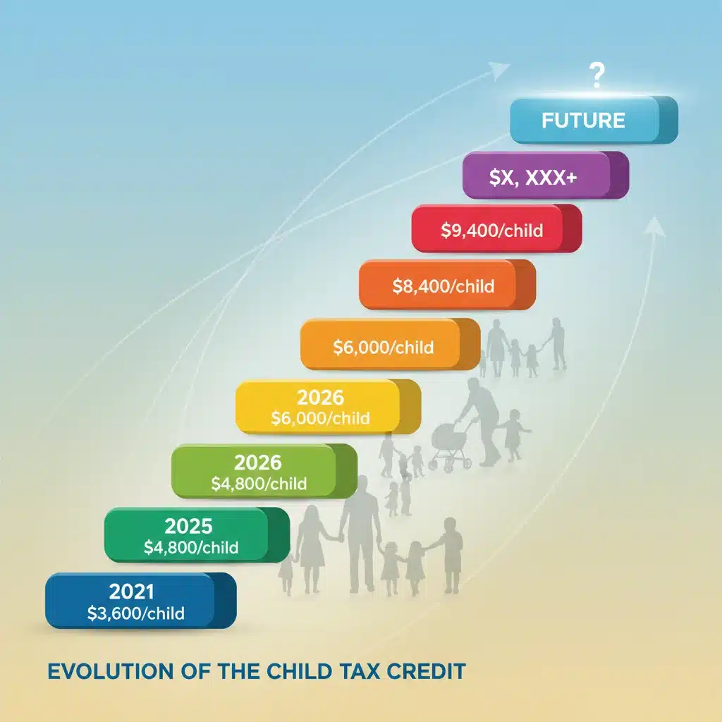 Timeline graphic showing evolution of Child Tax Credit amounts