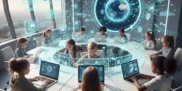 Children learning digital literacy skills in a futuristic classroom setting