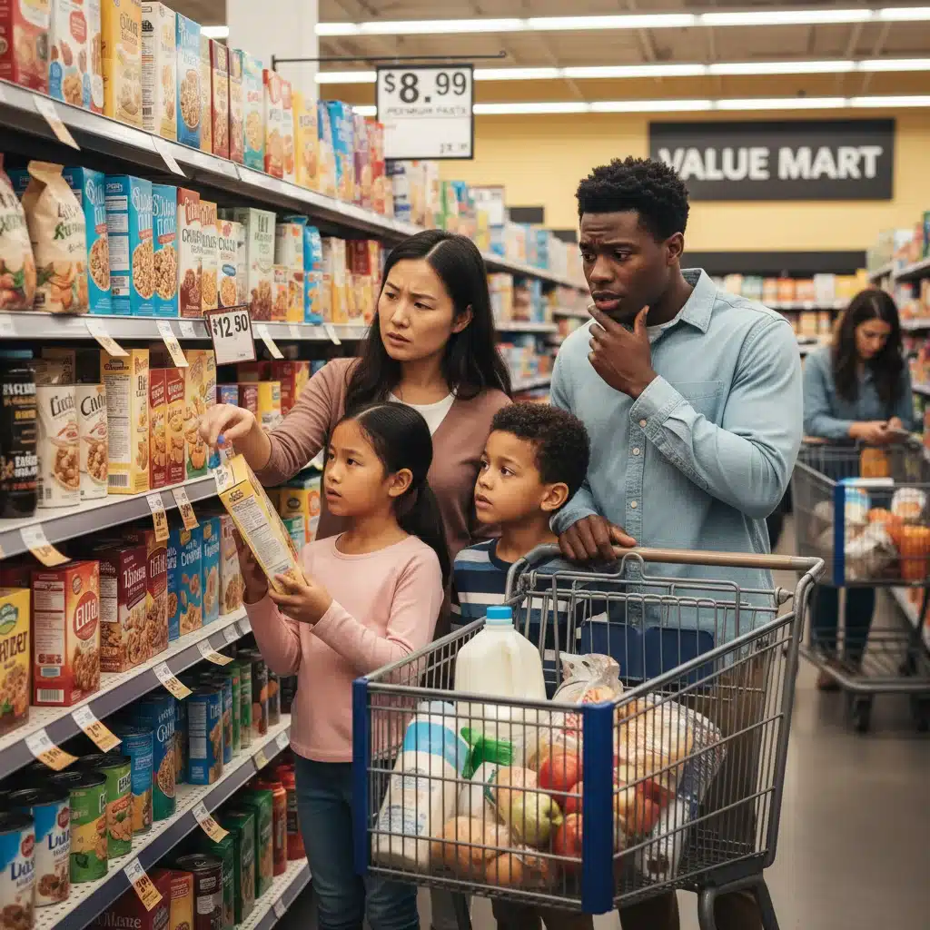 Family concerned about rising grocery prices at a supermarket
