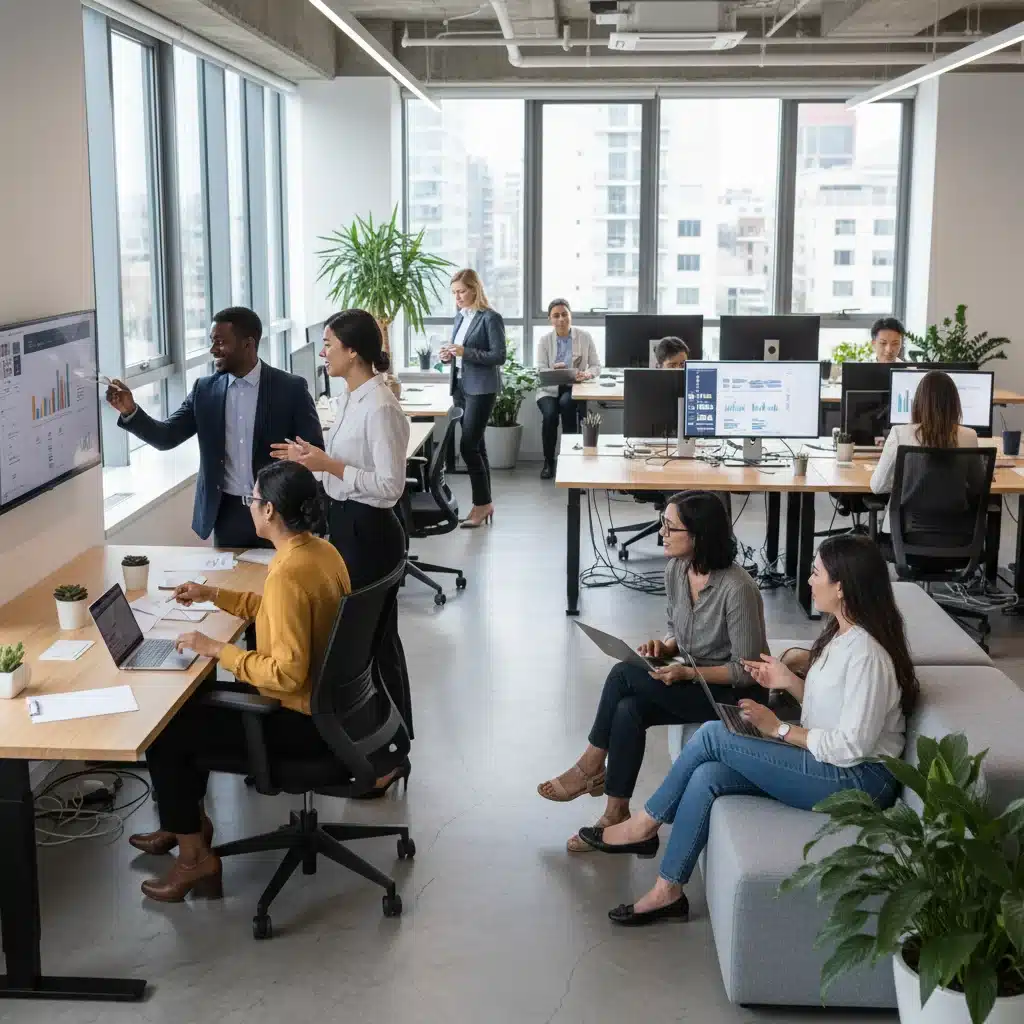 Diverse professionals collaborating in a modern office, representing a dynamic and inclusive labor force.