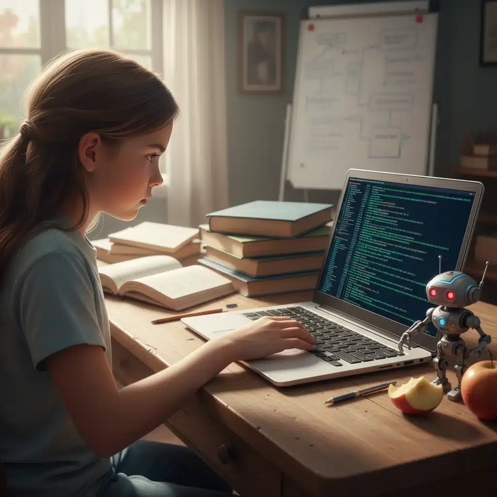 Young girl programming on a laptop, demonstrating critical thinking