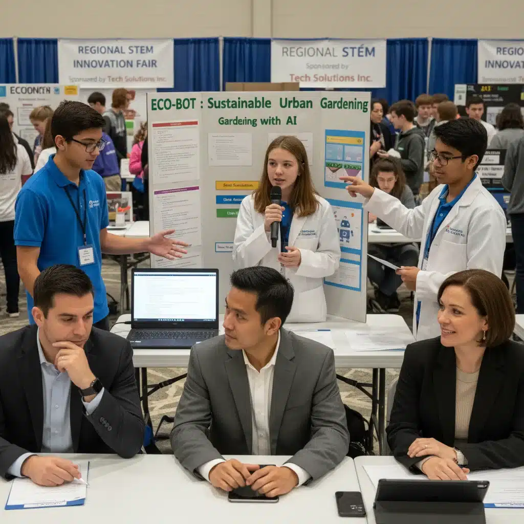 High school students presenting a coding project at a regional STEM fair.