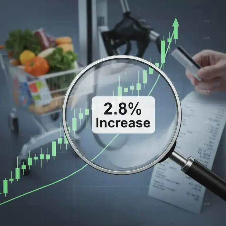 Financial chart showing 2.8% inflation increase with consumer goods in background
