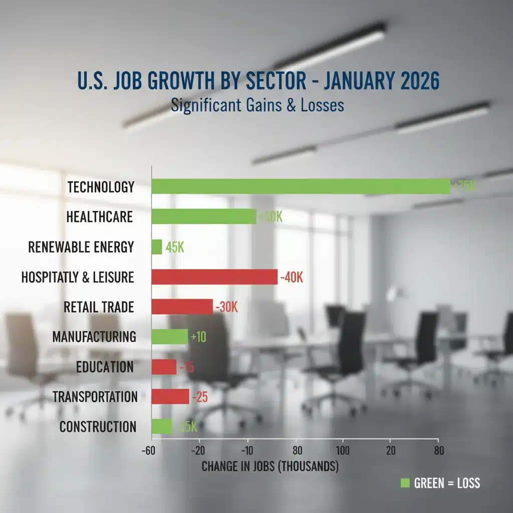 Bar chart showing U.S. job growth by sector in January 2026, indicating key industry performance.