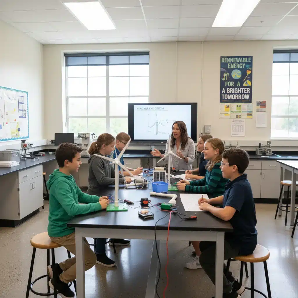 Middle school students collaborating on a renewable energy project in a school laboratory.