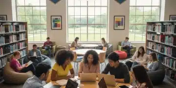 Diverse students studying in a modern university library, representing higher education access.