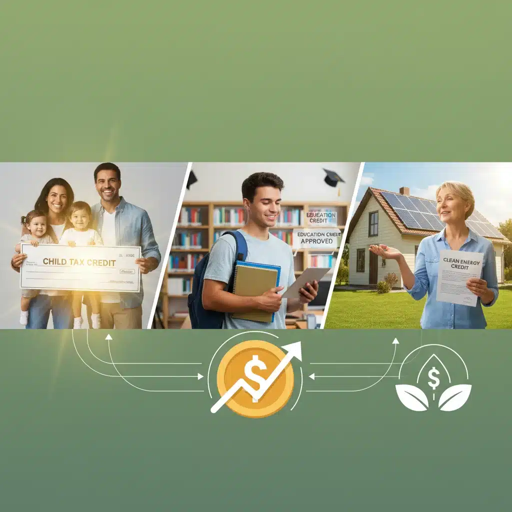 Diverse individuals and families benefiting from different types of tax credits.