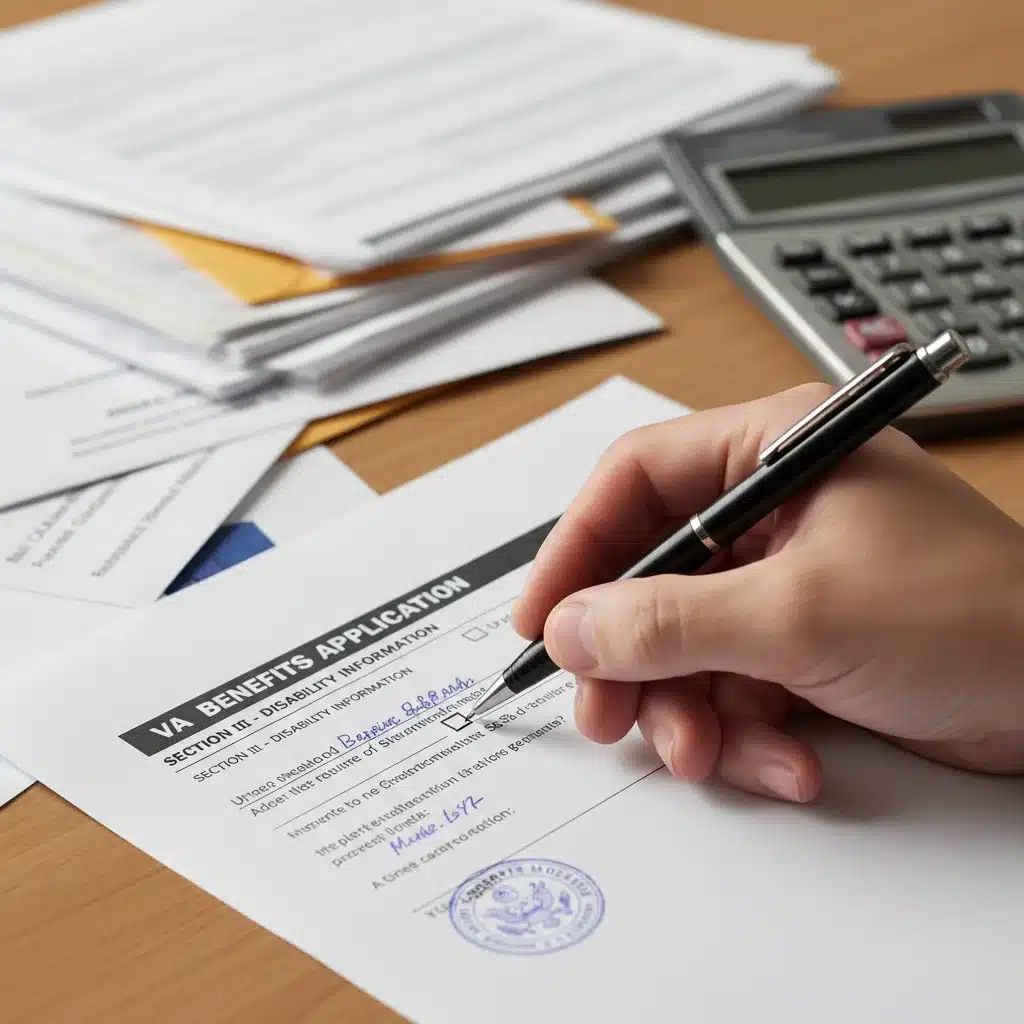 Hand pointing to a section on a VA benefits application form.