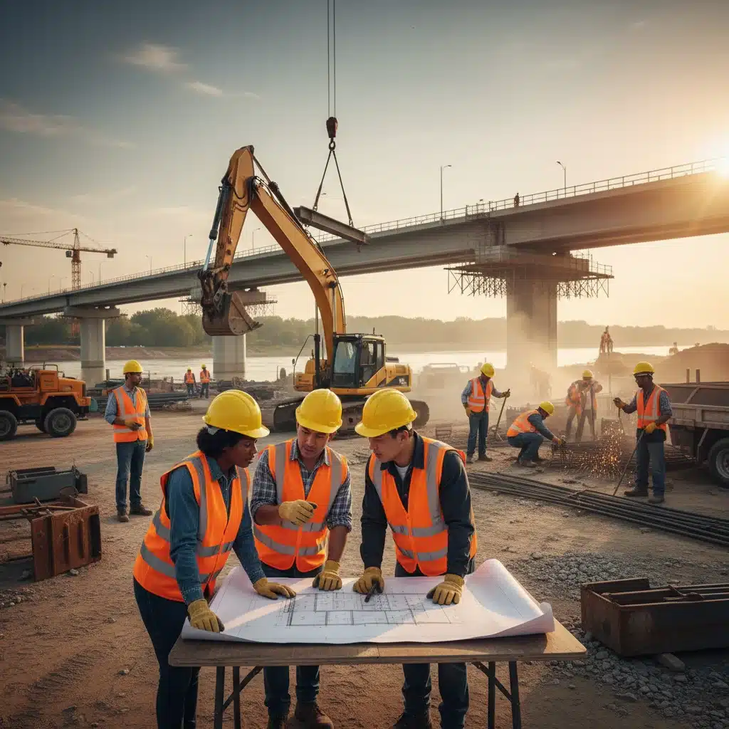 Construction workers building a bridge, representing job creation and skilled labor