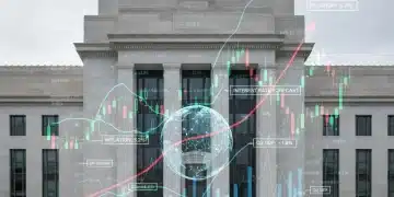 Federal Reserve building with overlay of economic data charts, symbolizing future interest rate adjustments.