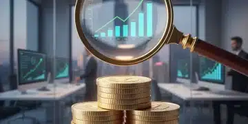 Stack of gold coins with magnifying glass showing financial growth, representing high-yield savings.