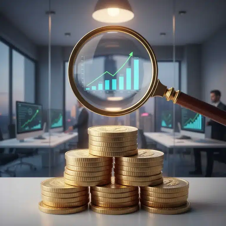 Stack of gold coins with magnifying glass showing financial growth, representing high-yield savings.