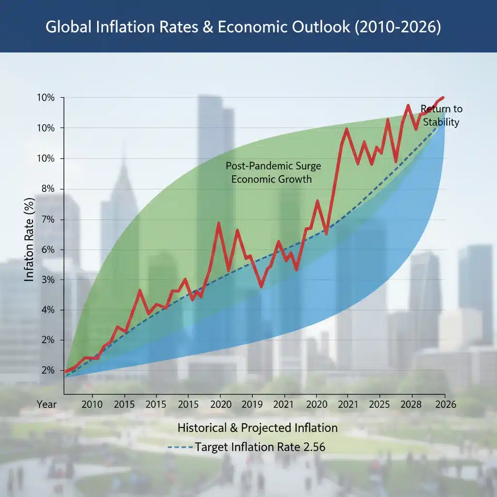 Inflation rate graph showing historical data and future projections towards 2026.