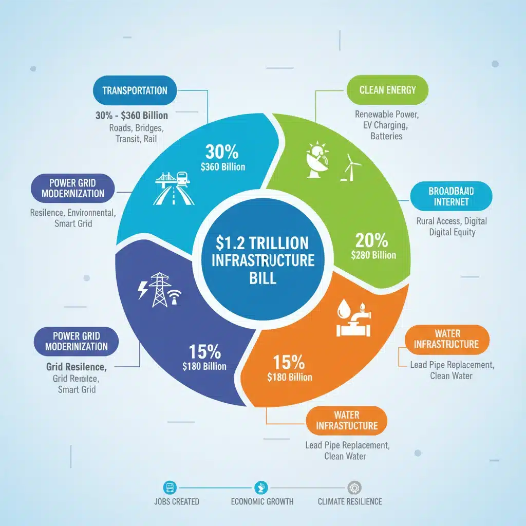 Infographic detailing funding allocation of the .2 trillion infrastructure bill across sectors