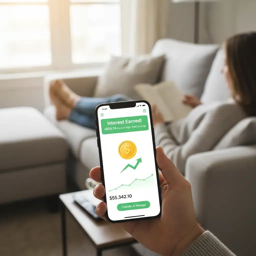 Smartphone displaying mobile banking app with interest earned notification.