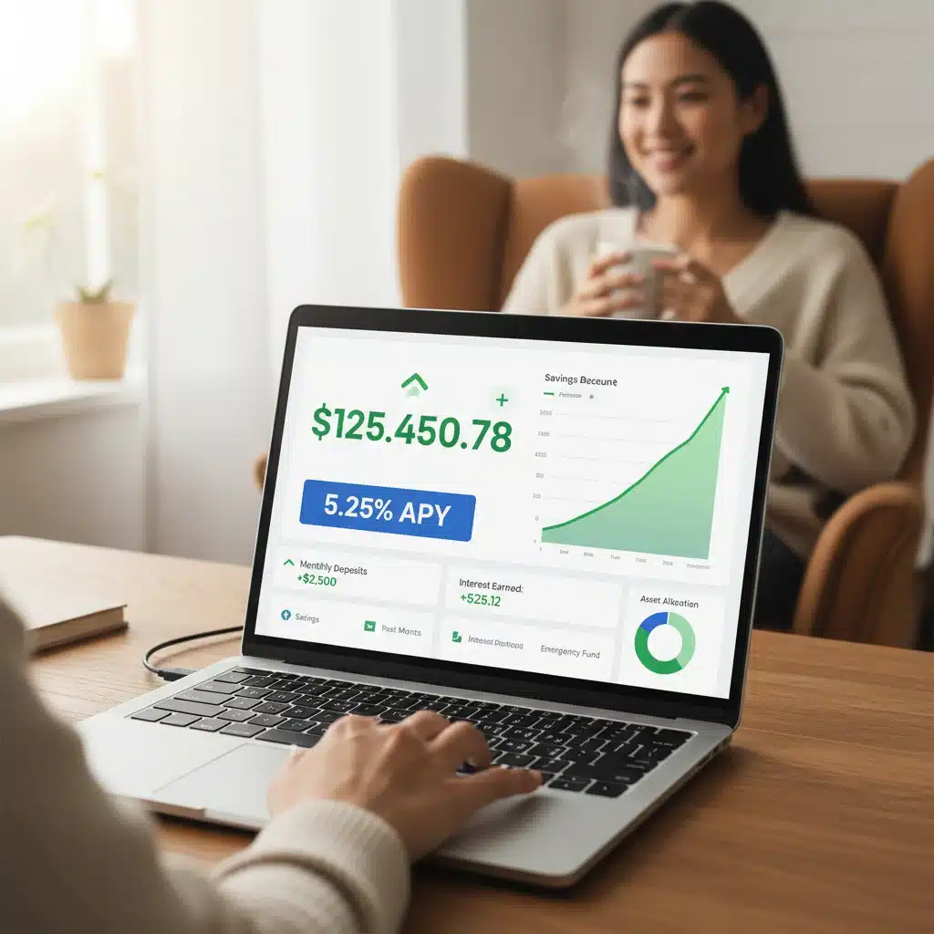 Online banking dashboard displaying a high-yield savings account with 5.25% APY.