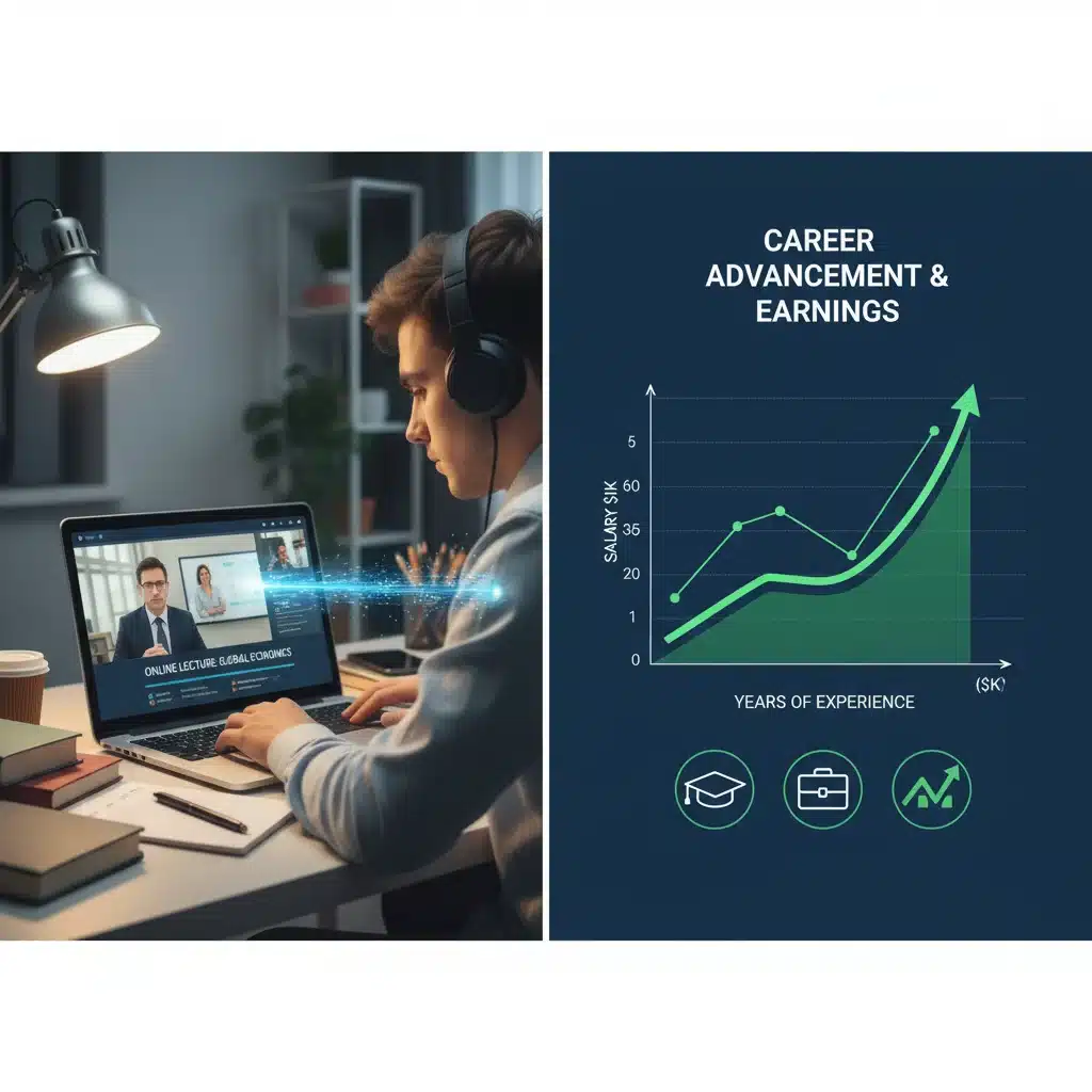 Online student connecting education to career and financial growth.