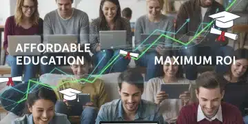 Students learning online, focused on affordable education and high ROI.