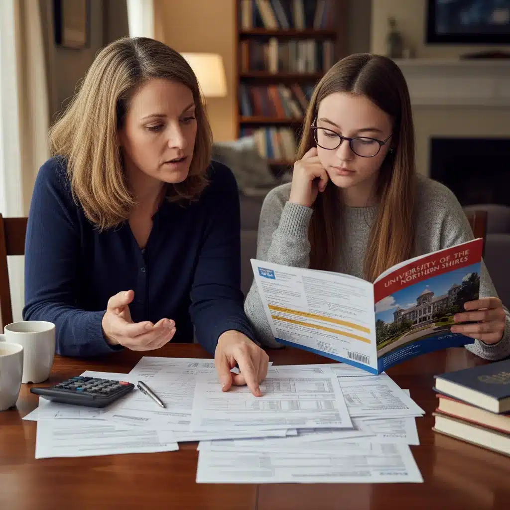 Parent and student discussing college financial aid and FAFSA planning