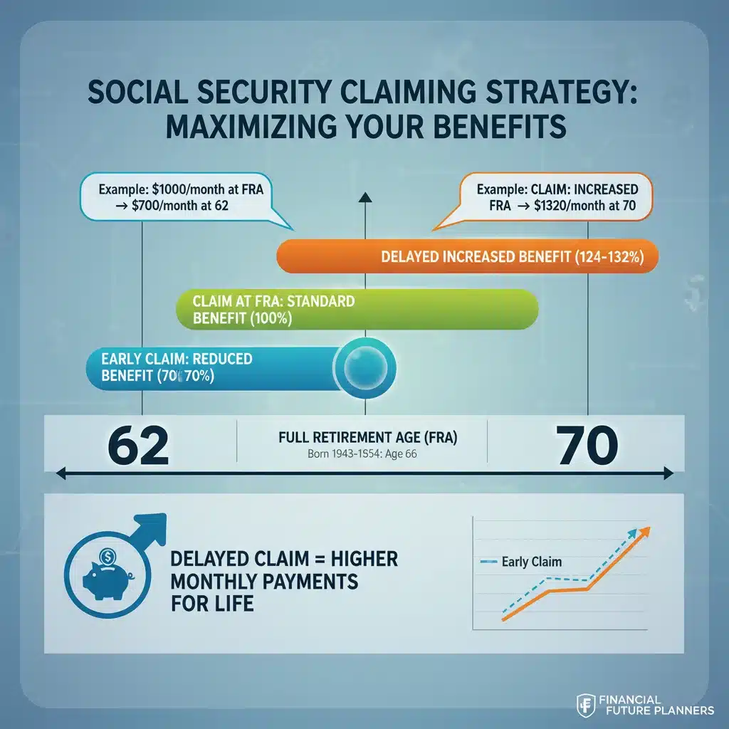 Social Security claiming age timeline illustrating benefit increases