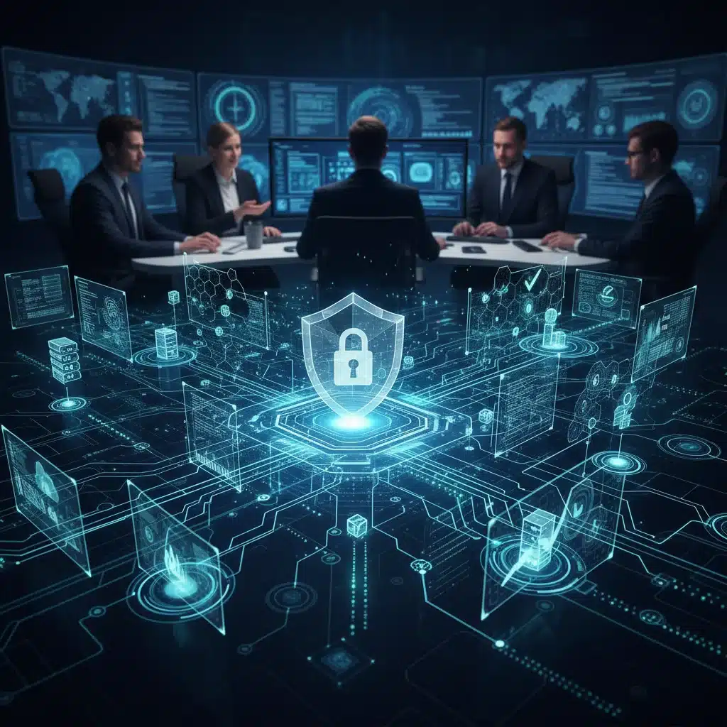 Advanced cybersecurity defenses and a team of analysts protecting digital infrastructure